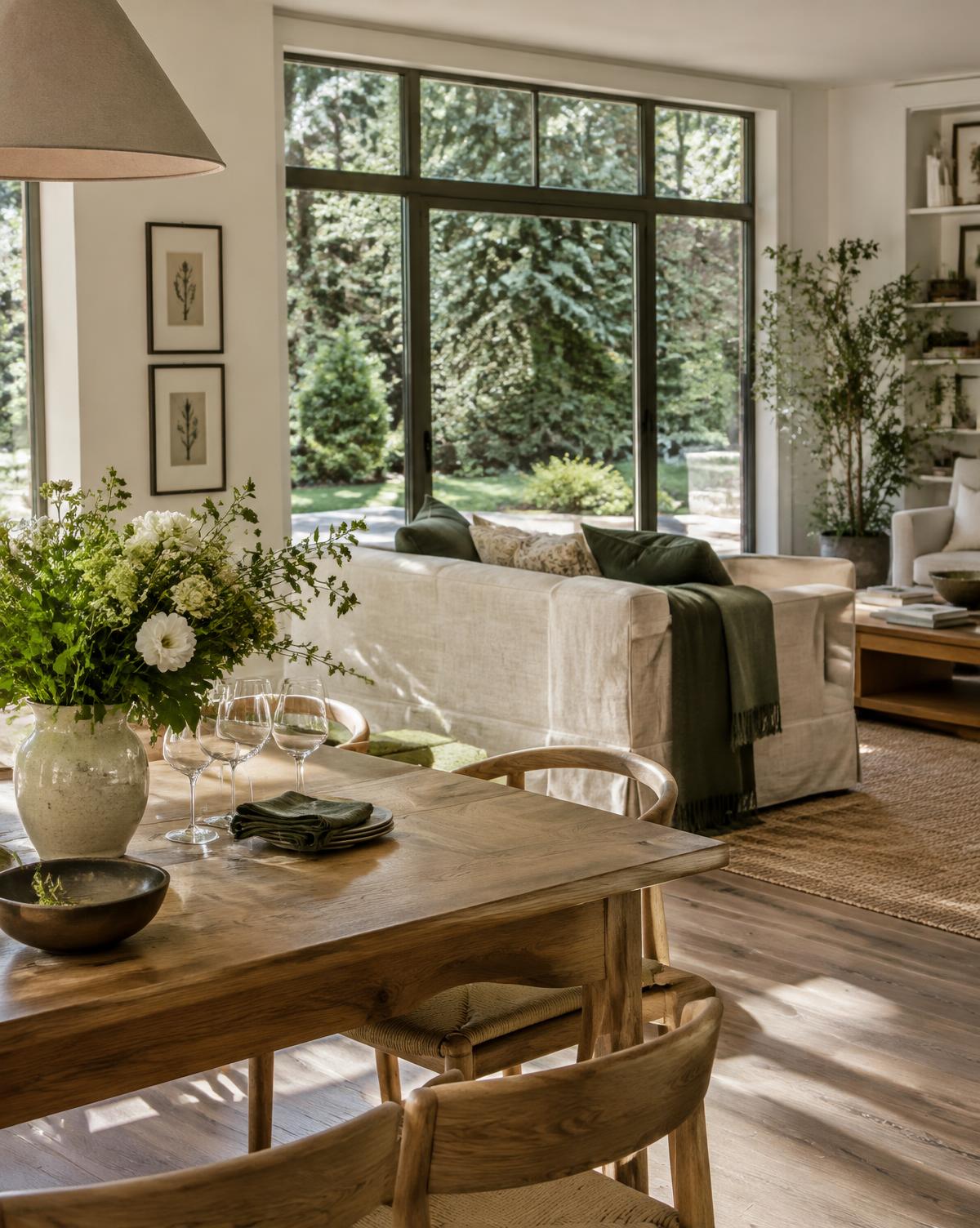 A light-filled living and dining room opening onto a green garden